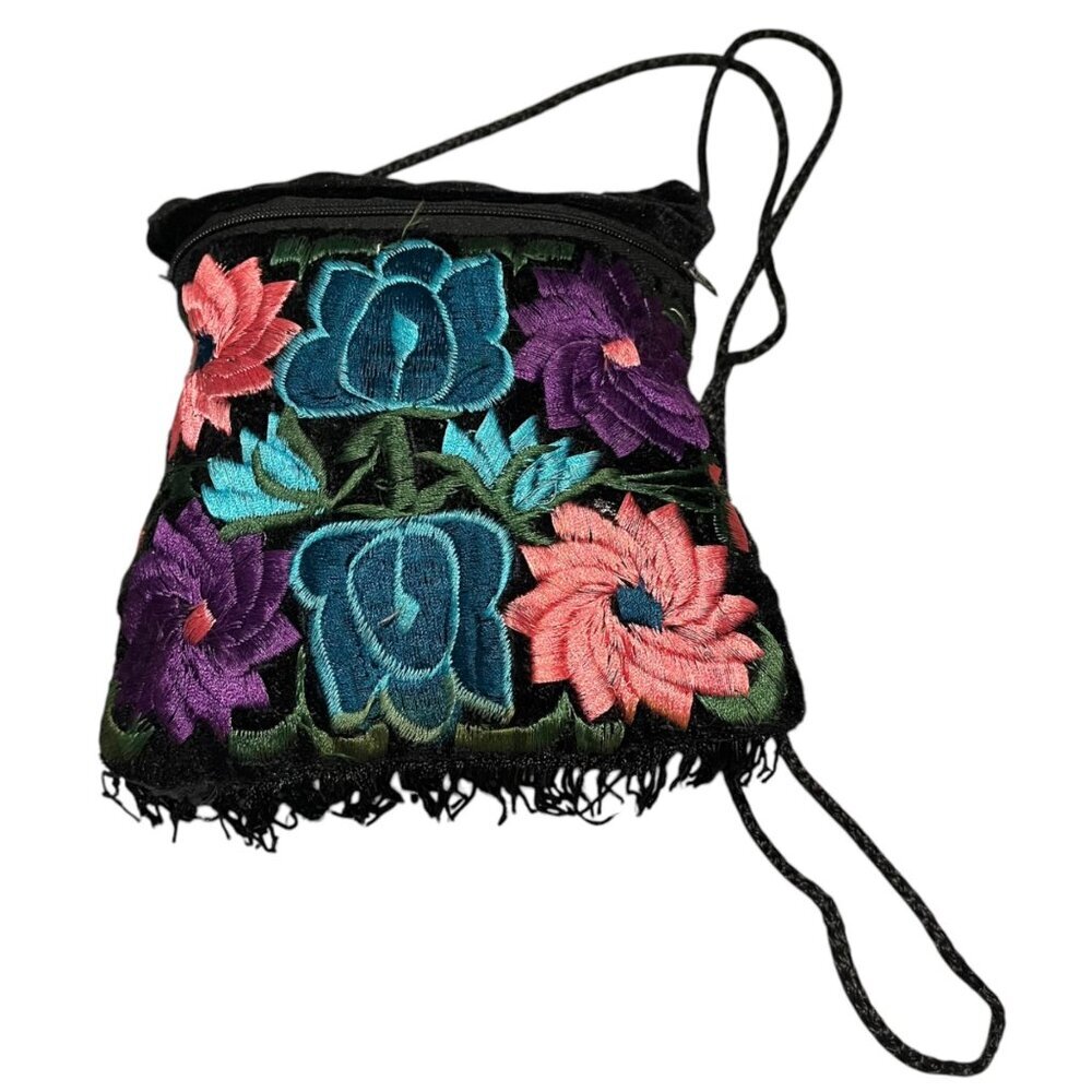 Floral Flower Embroidered Fringe Purse‎ Black Bright Colorful Flowers Casual
